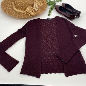 Iceberg Made In Italy 100% Wool Pointelle Cardigan Lightweight Beaded Open Front